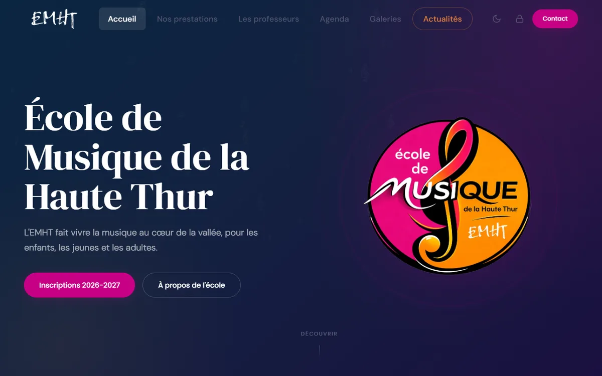 Page d'accueil de l'École de Musique de la Haute Thur, avec le bouton Inscriptions 2026-2027