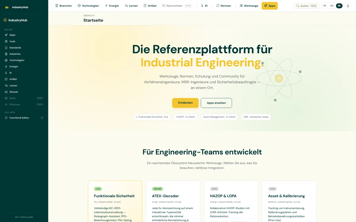 Startseite von IndustryHub, der Referenzplattform für Industrial Engineering