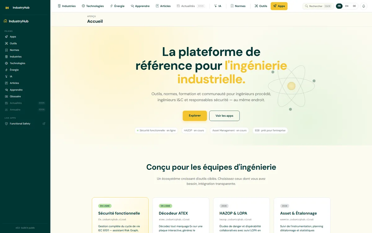 Page d'accueil d'IndustryHub, la plateforme de référence pour l'ingénierie industrielle