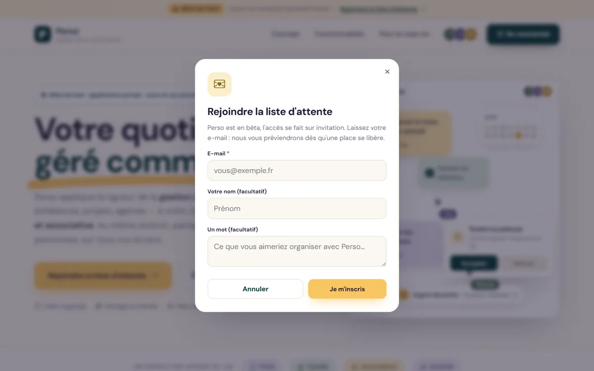 Page d'accueil de perso.live, l'application de gestion du quotidien