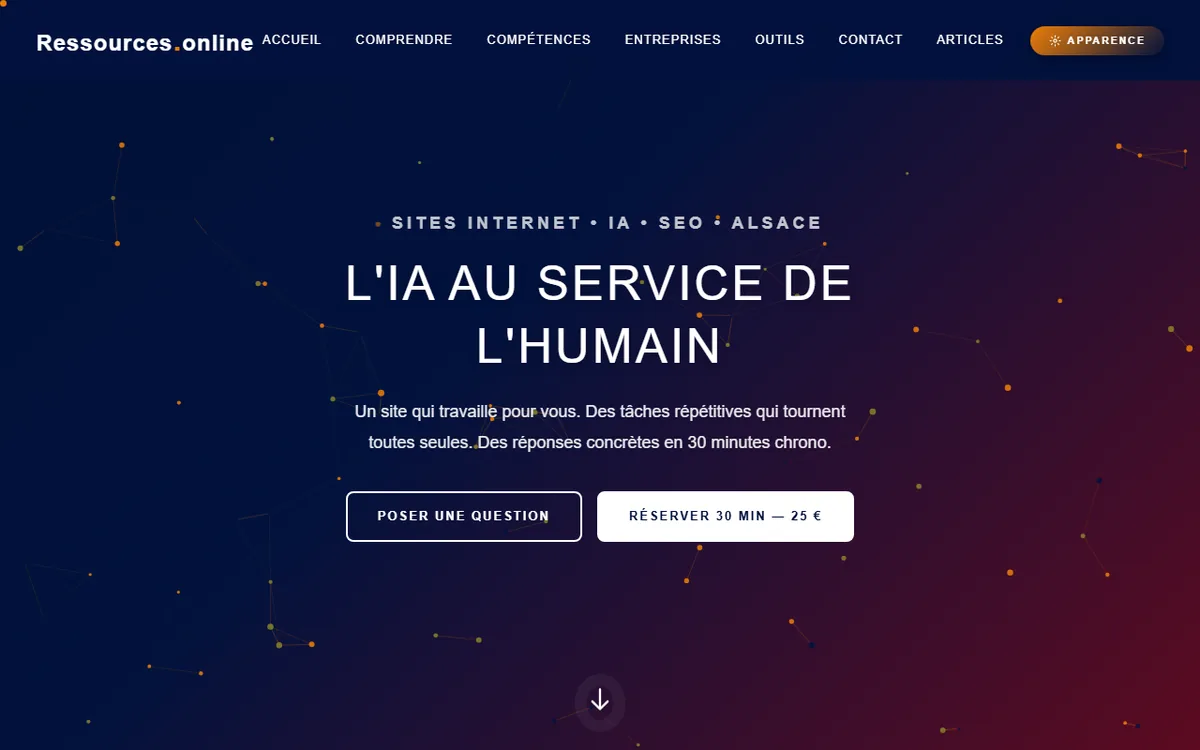 Page d'accueil de ressources.online, consulting IA et SEO