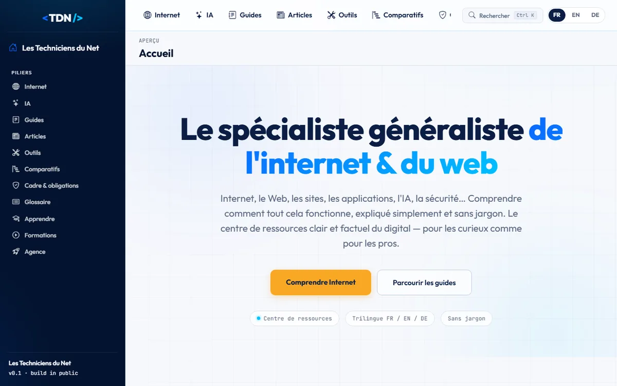 Page d'accueil de techniciens-du-net.com, le centre de ressources